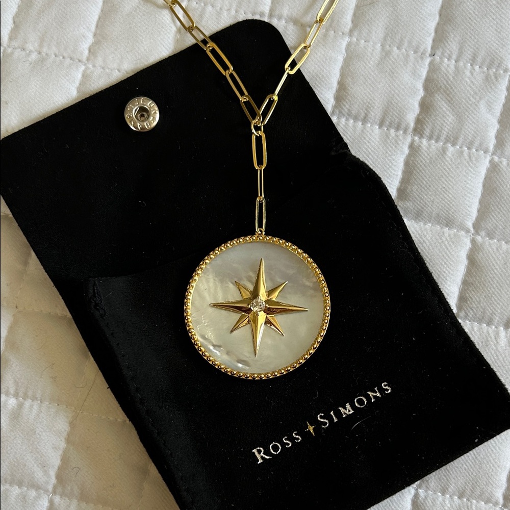 Ross Simons gold plated mother of pearl and cubic zirconia compass necklace